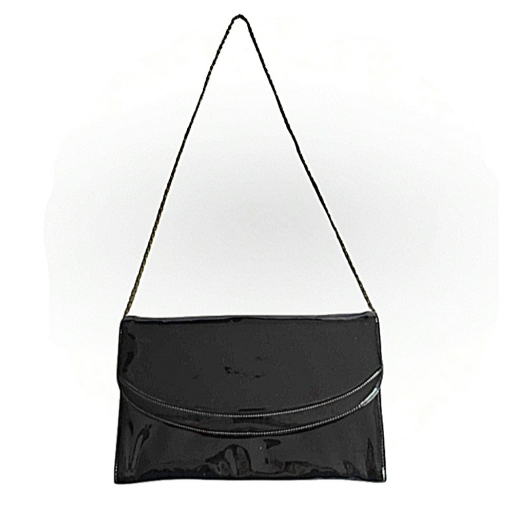 ANDE Handbag Black Patent Leather Shoulder Purse W/Gold Tone Rope Chain Bag